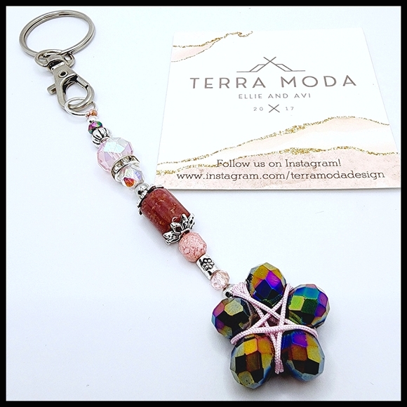 Terra Moda Designs - Floral Beaded Gemstone Keychain in Pink / Brown Tones - Picture 1 of 3